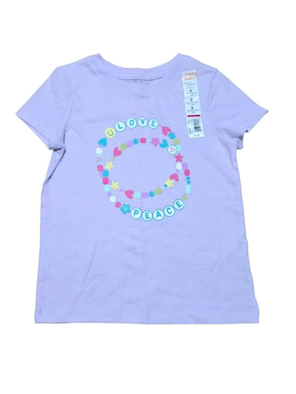 New Love & Peace T-Shirt Tee Girls 6 Top Lavender Hearts Stars Glitter Smiley